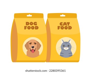 Dog or cat food packs. Packages of dry canine and feline food. Pet shop, domestic animal, care concept. Vector illustration