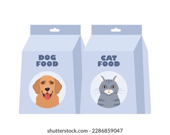 Dog or cat food packs. Packages of dry canine and feline food. Pet shop, domestic animal, care concept. Vector illustration