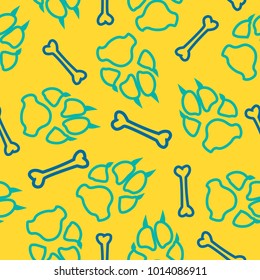 Dog or cat footprint and bone vector contour seamless pattern. Trendy paw bone contour template, isolated on white backdrop. Drawn silhouette clipart for web purposes or cover print.