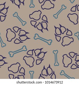Dog or cat footprint and bone vector contour seamless pattern. Trendy paw bone contour template, isolated on white background. Drawn silhouette clipart for corporate purposes or holiday print.