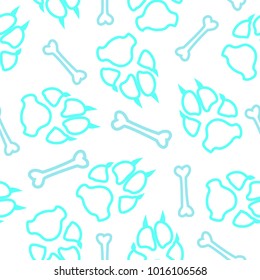 Dog or cat footprint and bone vector contour seamless pattern. Cool paw bone contour template, isolated on white backdrop. Drawn silhouette clipart for web purposes or textile print.