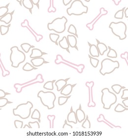 Dog or cat footprint and bone vector contour seamless pattern. Cute paw bone contour template, isolated on white background. Drawn silhouette clipart for corporate purposes or cover print.