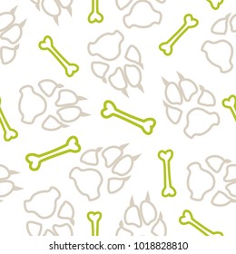 Dog or cat footprint and bone vector contour seamless pattern. Sweet paw bone contour template, isolated on white backdrop. Drawn silhouette clipart for marketing purposes or holiday print.