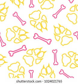 Dog or cat footprint and bone vector contour seamless pattern. Cool paw bone contour template, isolated on white background. Drawn silhouette clipart for web purposes or wallpaper print.