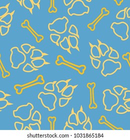 Dog or cat footprint and bone vector contour seamless pattern. Trendy paw bone contour template, isolated on white backdrop. Drawn silhouette clipart for business purposes or cover print.