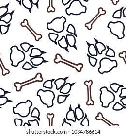 Dog or cat footprint and bone vector contour seamless pattern. Cool paw bone contour template, isolated on white backdrop. Drawn silhouette clipart for corporate purposes or placard print.
