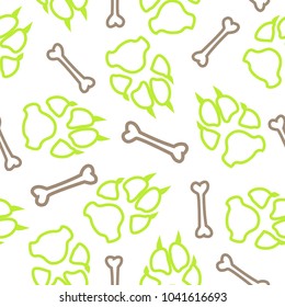 Dog or cat footprint and bone vector contour seamless pattern. Sweet paw bone contour template, isolated on white background. Drawn silhouette clipart for corporate purposes or cover print.