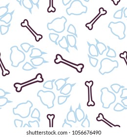 Dog or cat footprint and bone vector contour seamless pattern. Contrast paw bone contour template, isolated on white backdrop. Drawn silhouette clipart for web purposes or wallpaper print.