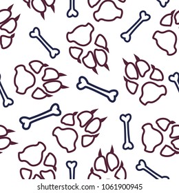 Dog or cat footprint and bone vector contour seamless pattern. Contrast paw bone contour template, isolated on white backdrop. Drawn silhouette clipart for business purposes or brochure print.