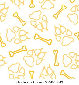 Dog or cat footprint and bone vector contour seamless pattern. Cute paw bone contour template, isolated on white backdrop. Drawn silhouette clipart for marketing purposes or brochure print.
