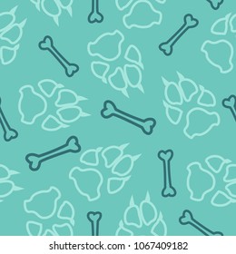 Dog or cat footprint and bone vector contour seamless pattern. Cute paw bone contour template, isolated on white background. Drawn silhouette clipart for marketing purposes or textile print.