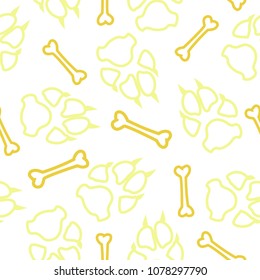 Dog or cat footprint and bone vector contour seamless pattern. Contrast paw bone contour template, isolated on white background. Drawn silhouette clipart for business purposes or brochure print.