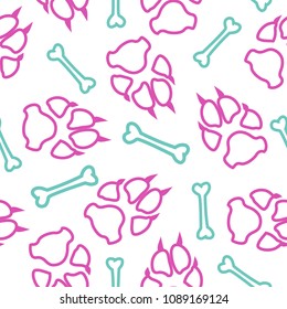 Dog or cat footprint and bone vector contour seamless pattern. Cute paw bone contour template, isolated on white background. Drawn silhouette clipart for web purposes or placard print.