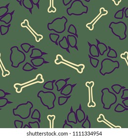 Dog or cat footprint and bone vector contour seamless pattern. Contrast paw bone contour template, isolated on white background. Drawn silhouette clipart for marketing purposes or cover print.