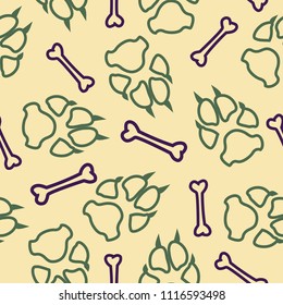 Dog or cat footprint and bone vector contour seamless pattern. Trendy paw bone contour template, isolated on white backdrop. Drawn silhouette clipart for web purposes or wallpaper print.