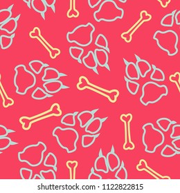 Dog or cat footprint and bone vector contour seamless pattern. Contrast paw bone contour template, isolated on white backdrop. Drawn silhouette clipart for web purposes or holiday print.