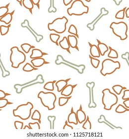 Dog or cat footprint and bone vector contour seamless pattern. Sweet paw bone contour template, isolated on white background. Drawn silhouette clipart for corporate purposes or cover print.