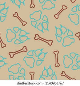 Dog or cat footprint and bone vector contour seamless pattern. Sweet paw bone contour template, isolated on white backdrop. Drawn silhouette clipart for marketing purposes or brochure print.