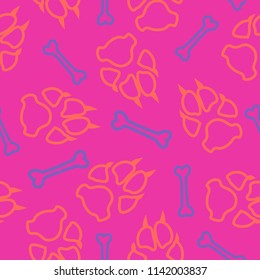 Dog or cat footprint and bone vector contour seamless pattern. Trendy paw bone contour template, isolated on white background. Drawn silhouette clipart for corporate purposes or placard print.