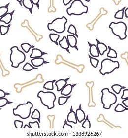 Dog or cat footprint and bone vector contour seamless pattern. Cute paw bone contour template, isolated on white background. Drawn silhouette clipart for corporate purposes or brochure print.