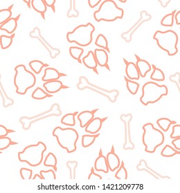 Dog or cat footprint and bone vector contour seamless pattern. Contrast paw bone contour template, isolated on white backdrop. Drawn silhouette clipart for business purposes or wallpaper print.