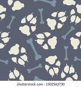 Dog or cat footprint and bone vector seamless pattern. Colored paw bone seamless template, isolated on contrast backdrop. Drawn silhouette clipart for business purposes or holiday print.