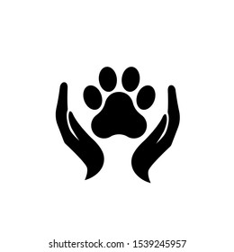 Dog or cat footprint in human hands on white background. Vector illustration. Metaphor of care and love to animals