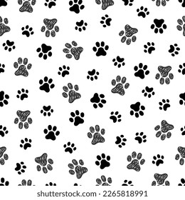 Dog, cat footprint seamless pattern. Pet animal footprint stamp background. Puppy doodle abstract wallpaper. Vector illustration