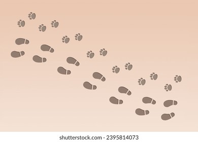 Dog or cat footprints and human shoes footprints on the beach sand. Step footprints paths. Vector illustration.