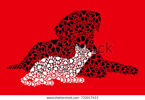 Dog and cat\
footprints on red\
background