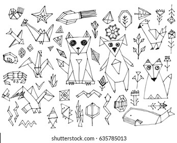 Dog cat fox fish birds sea animals and plants, Black outline isolated on white background, doodle decorative contemporary elements Stylized origami. Vector