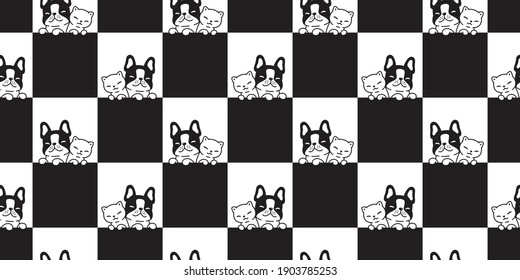 dog cat french bulldog seamless pattern vector kitten calico pet cartoon checked tile background repeat wallpaper animal scarf isolated illustration design
