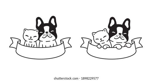 dog cat french bulldog vector icon logo kitten calico pet cartoon character symbol ribbon illustration doodle design