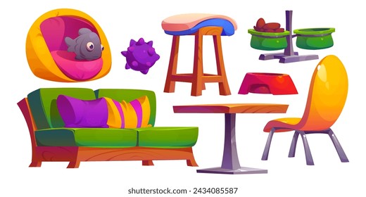 Dog and cat friendly cafe furniture and equipment. Cartoon set of cafeteria chair, table and sofa with pillows, feeding bowls, bed and toys for pets. public place for eat and rest with domestic animal