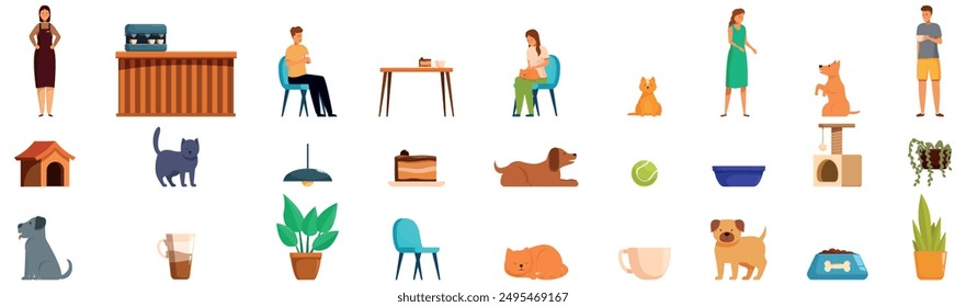 Dog cat friendly cafe icons set. People are relaxing with their dogs and cats in a pet friendly cafe