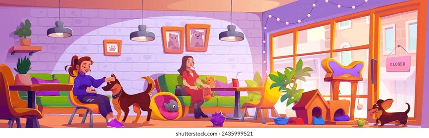 Dog and cat friendly cafe interior with furniture and equipment. Cartoon women with pets rest in cafeteria on chair and sofa. Feeding bowls, bed and toys for domestic animals in public place for eat.