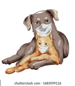 Dog And Cat Friends With Disposable Mask. Corona Virus Among Pets Idea