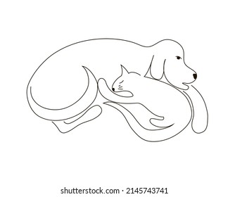 Dog and cat friendship illustration. Dog and cat lie and hug each other. One line illustration. Stock vector illustration isolated on white background