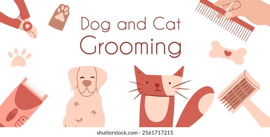 Dog and cat grooming background. Pet store, web site design, banner. Vector illustration. 