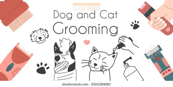 Dog and cat grooming background. Pet salon design banner. Vector illustration. 