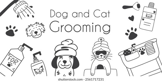 Dog and cat grooming background. Cat and dog taking a bath. Vector doodle black and white illustration. 