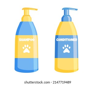 Dog and cat grooming care cosmetics isolated on white background. Shampoo, conditioner for pet coat care vector flat illustration. Cartoon bottles for wash and clean of domestic animal.