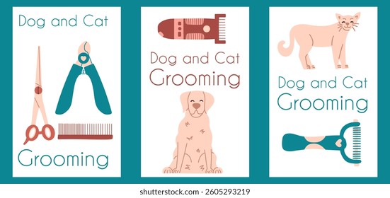 Dog and cat grooming design posters. Pet care set vector template. 