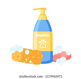 Dog And Cat Grooming Equipment Isolated On White Background. Shampoo, Soap, Washcloth For Pet Coat Care. Vector Flat Cartoon Set For Wash And Clean Of Domestic Animal.