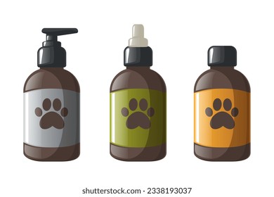 Dog and cat grooming equipment isolated on white background. Shampoo, soap for pet coat care. Vector flat cartoon set for wash and clean of domestic animals.