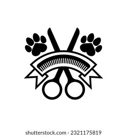 Dog and cat grooming logo design template. Paw print with comb and scissors. Vector clipart and drawing. Isolated illustration on white background.	