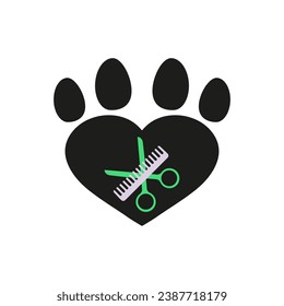 Dog and cat grooming logo design template. Crossed comb and scissors. Paw print with heart. 