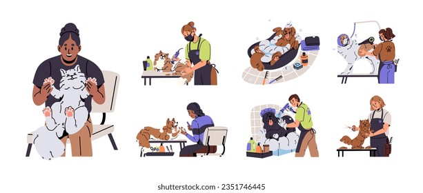 Dog and cat grooming salon set. People washing doggy, groomer dry puppy's coat, bathing fluffy animal, person care about cute pets, cut claws. Flat isolated vector illustration on white background