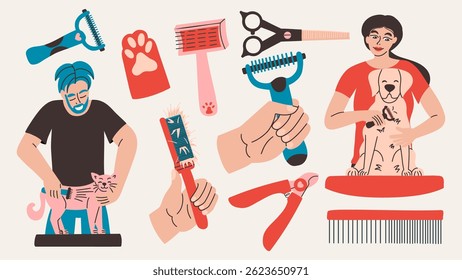 Dog and cat grooming set. Pet design tools, nail trimming, clipper, brush. Animal care vector illustration