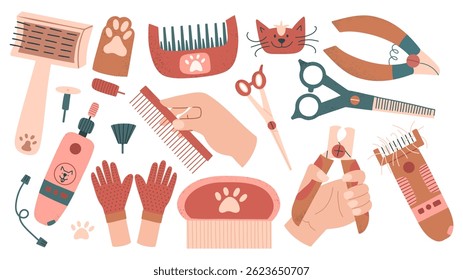 Conjunto de vetos de ferramentas de higiene para cães e gatos. Pente, tesoura, luvas para pentear lã e outros artigos para cortar e cuidar de animais de estimação. 